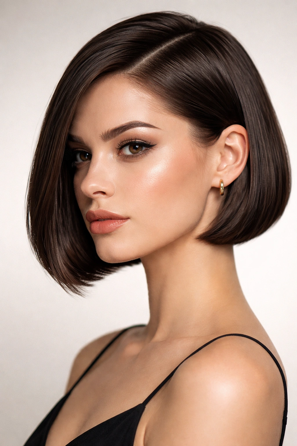 Head and shoulders view of a sharp bob with diagonal side part and glossy texture