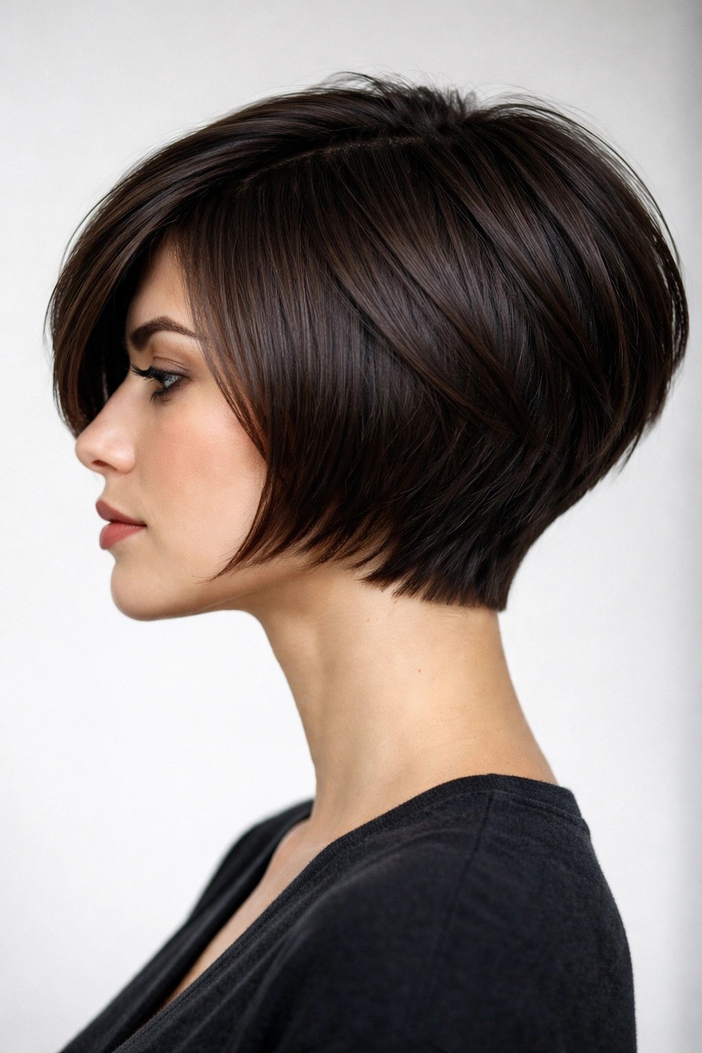 Side profile of thick hair with a sharp geometric bob and heavy layers