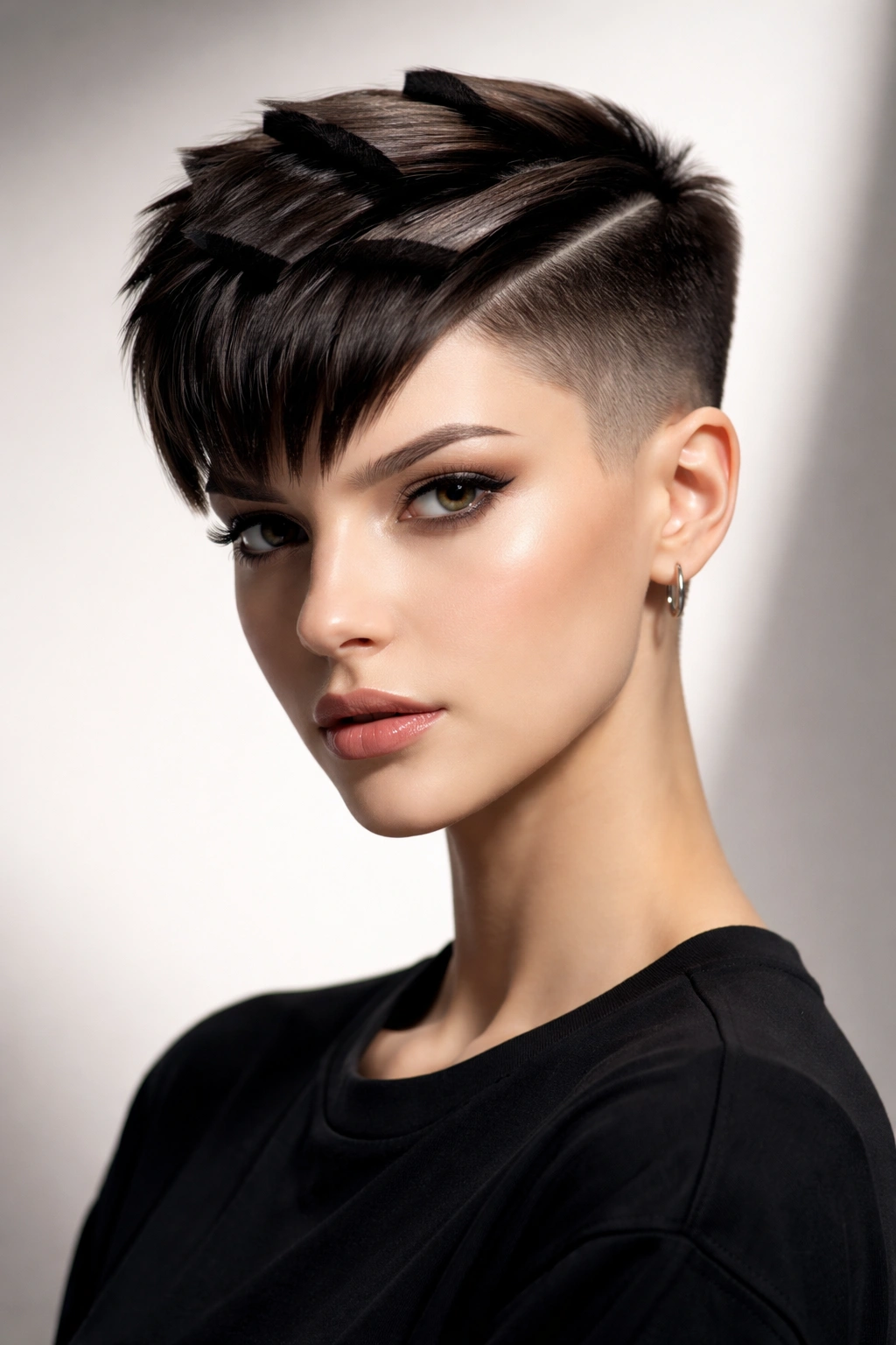 Front view of a sharp geometric undercut pixie with crisp block lines and high fade
