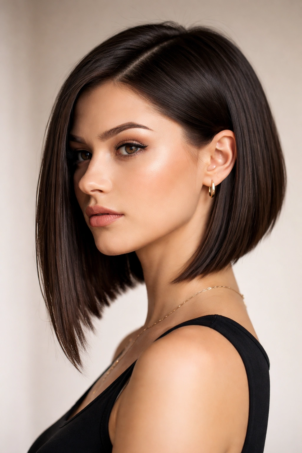 15 Short Haircuts That Work Best On Straight Hair 15 Close-up profile showing a sharp graduated lob with clear back-to-front length