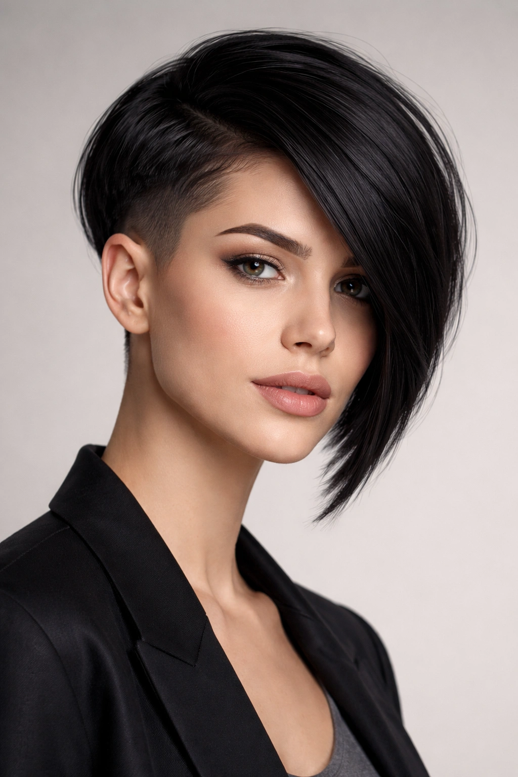 Sharp pixie asymmetrical haircut with a very short side and longer curved side, model portrait.