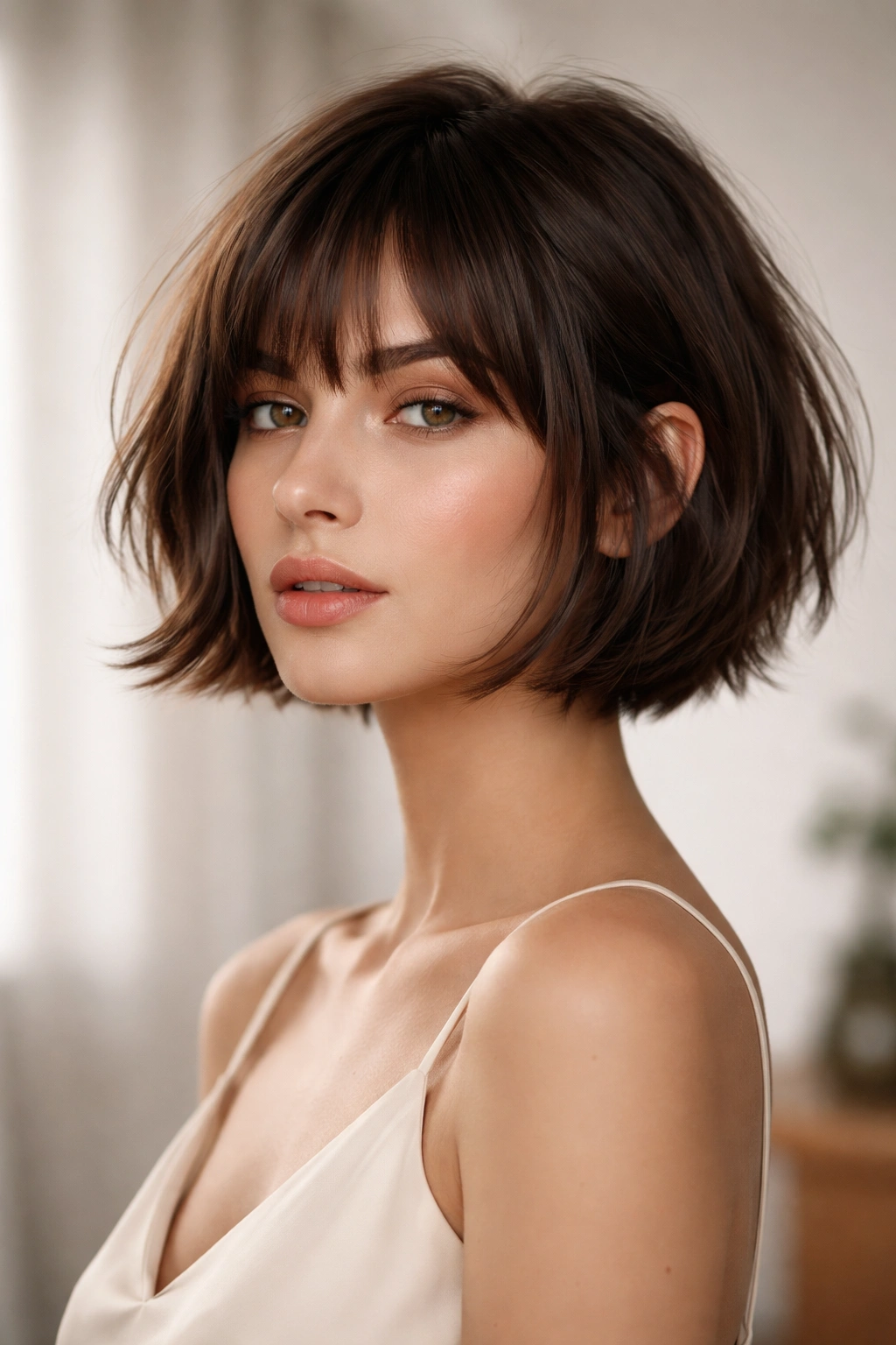 Side-angled portrait showing sharp textured French bob with defined ends