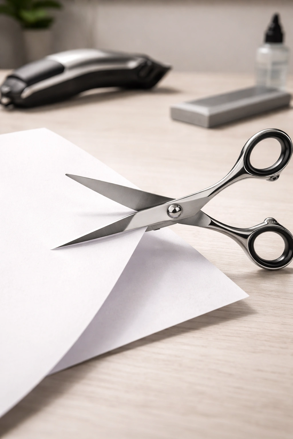 Close-up of hair scissors cutting paper to test sharpness
