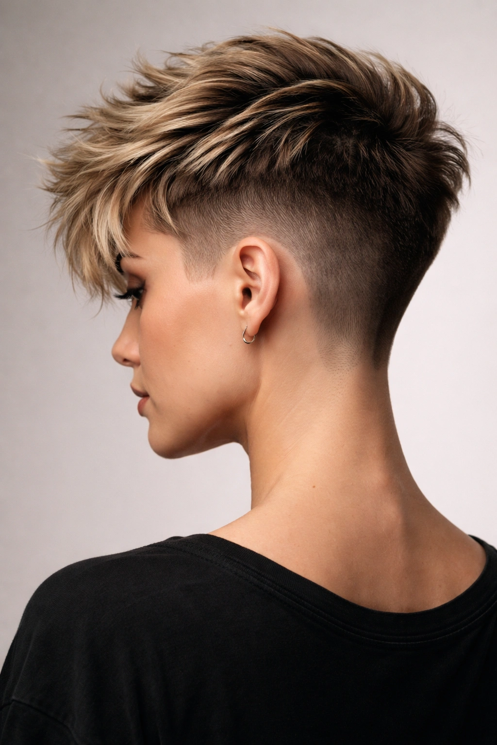 Portrait showing shaved back with longer textured top for a modern, textured silhouette