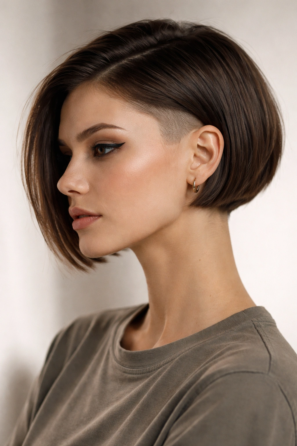 10 Shaved Bob Haircuts With An Effortless Edge 14 Portrait of a person with a shaved bob, thoughtful expression, neutral studio background