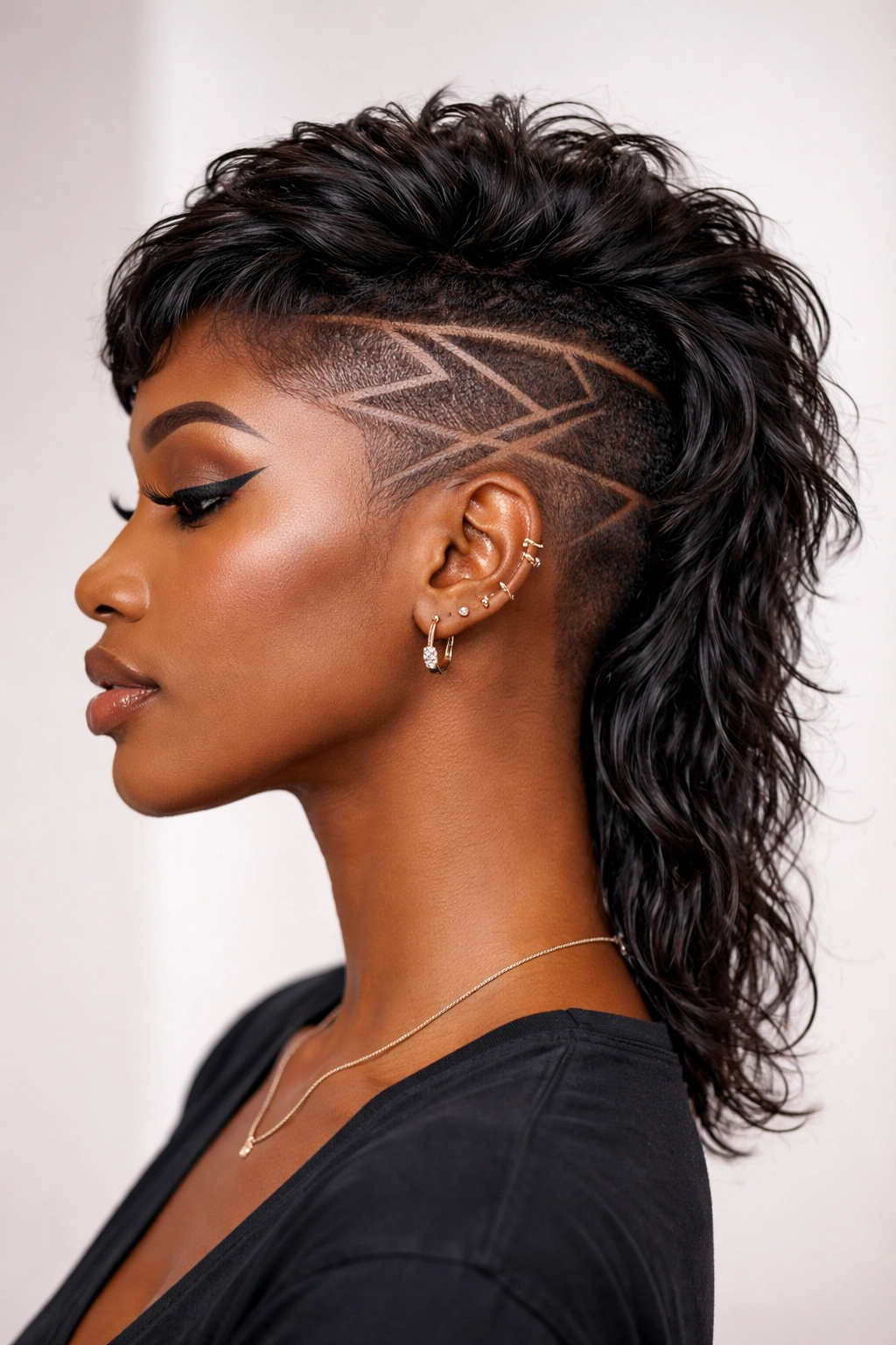 Shaved design mullet with faded back on Black woman.