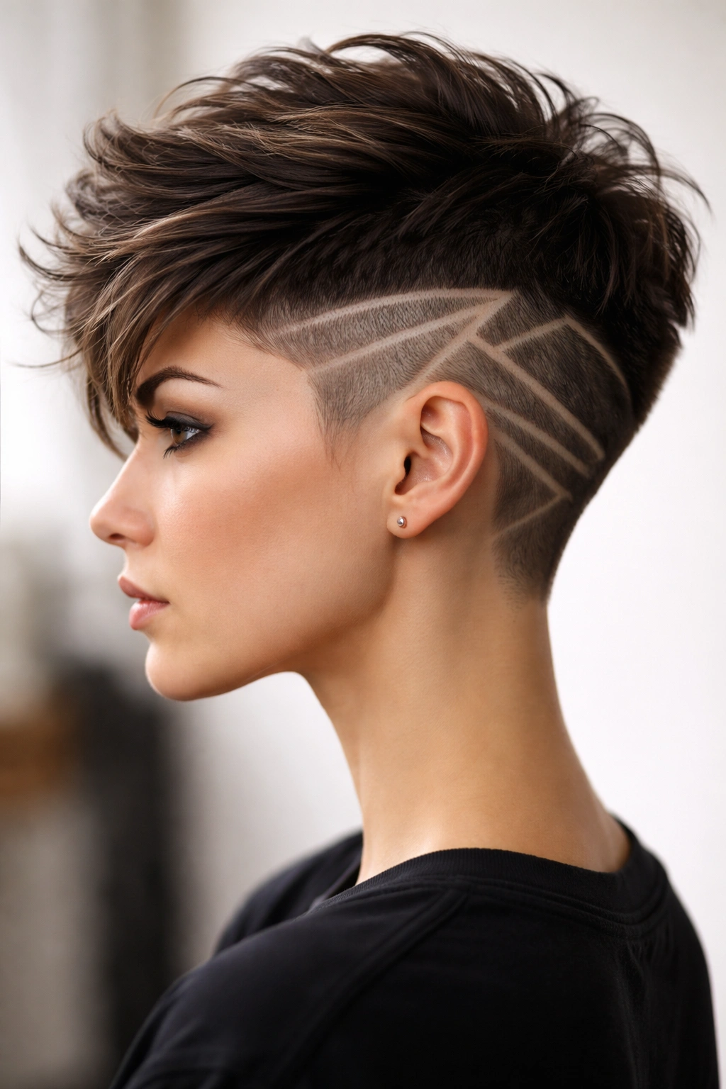 8 Undercut Pixie Styles From Soft To Sharp 8 Side profile of shaved design pixie showing bold lines and longer top