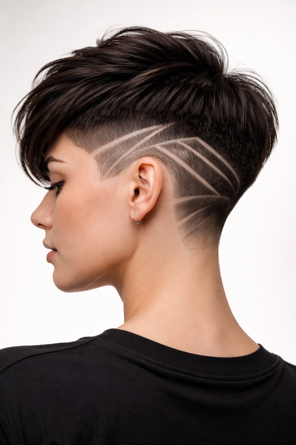 Portrait of The Shaved Design Pixie showing geometric shaved patterns