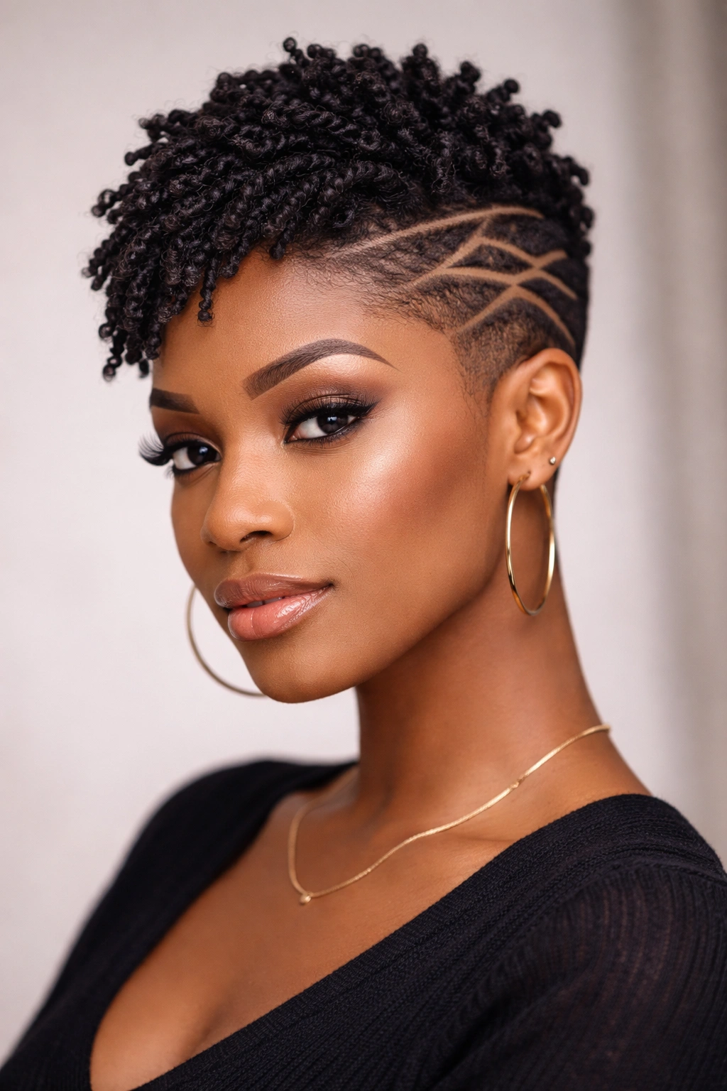Portrait of a Black woman with shaved side pattern and textured top hair design in studio lighting