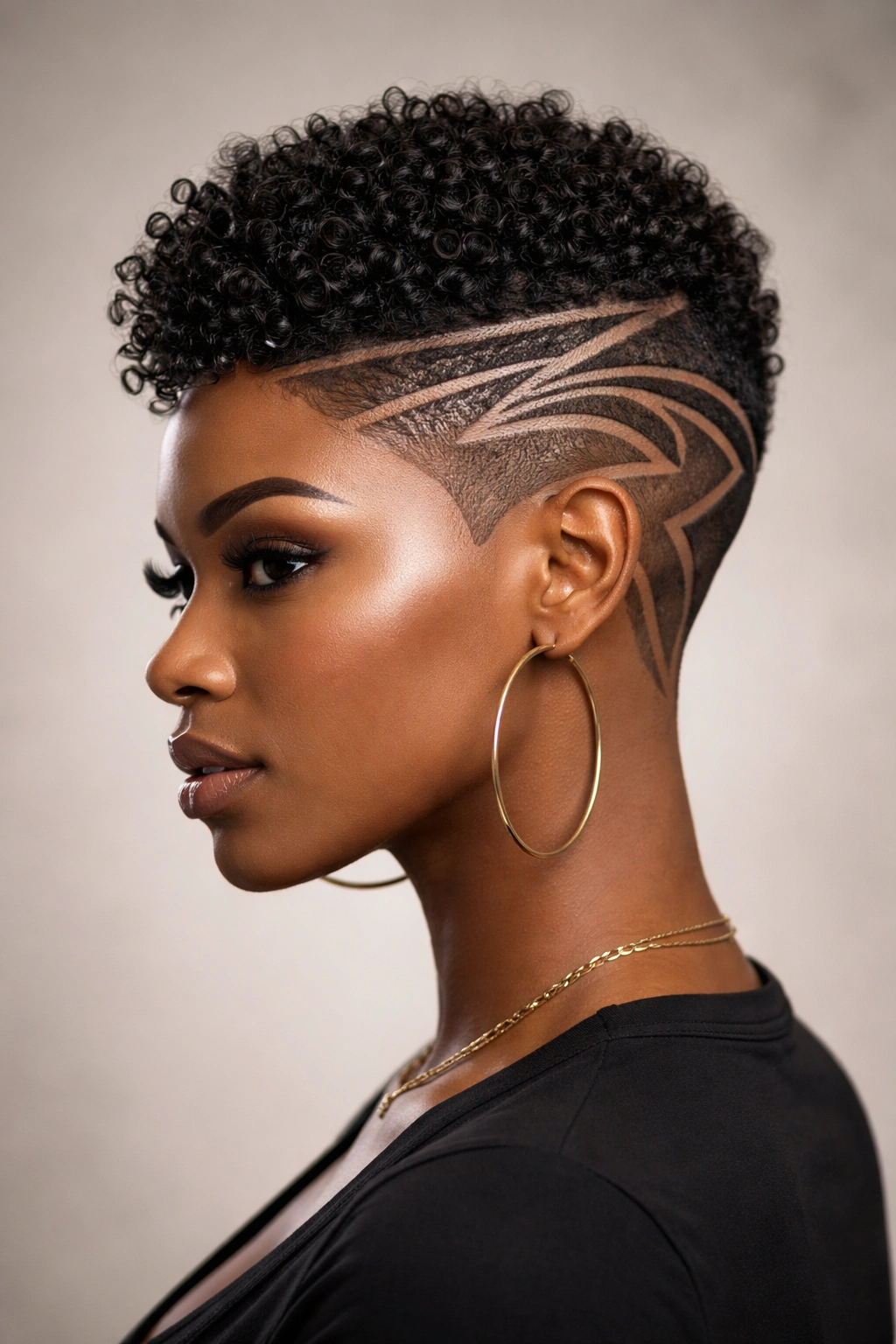 Portrait of a person with a shaved design textured top hairstyle in a studio