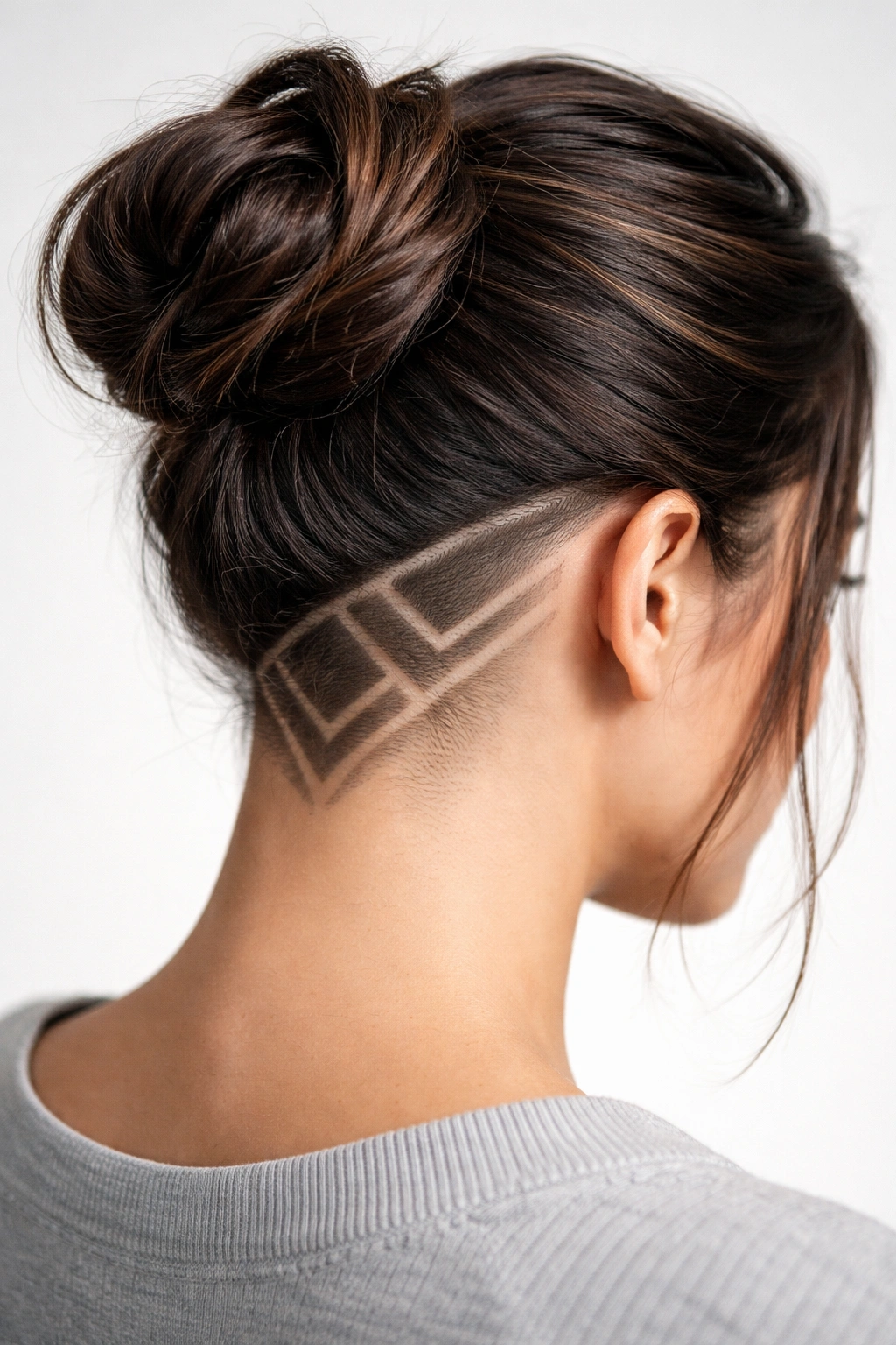 Close-up of shaved geometric lines in the undercut behind the ear