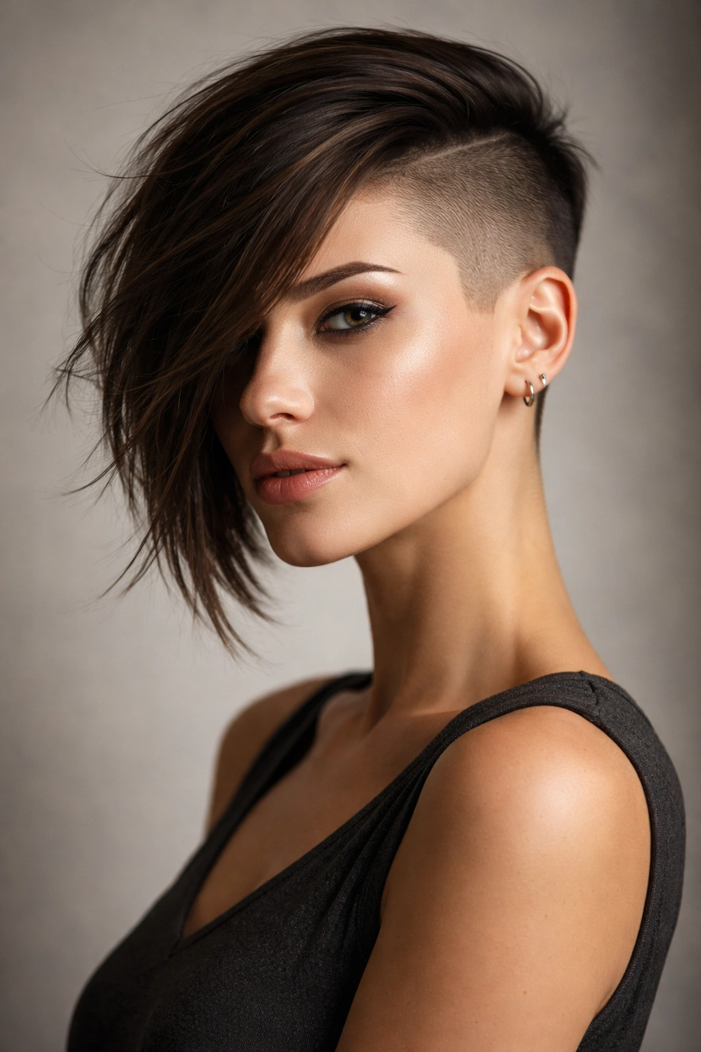Close-up portrait of a bold shaved head with a long sideswept bang framing the face