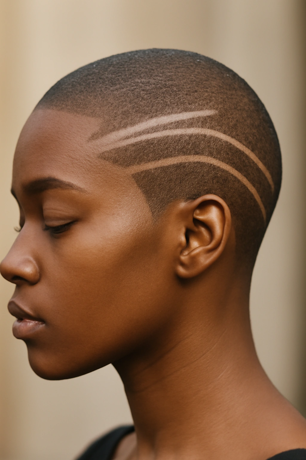 10 Line Design Hairstyles Black Women Are Wearing 8 Profile view of a shaved head with crisp line designs