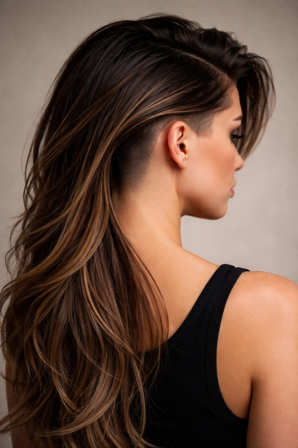 Three-quarter rear view of a woman with shaved nape and long layers