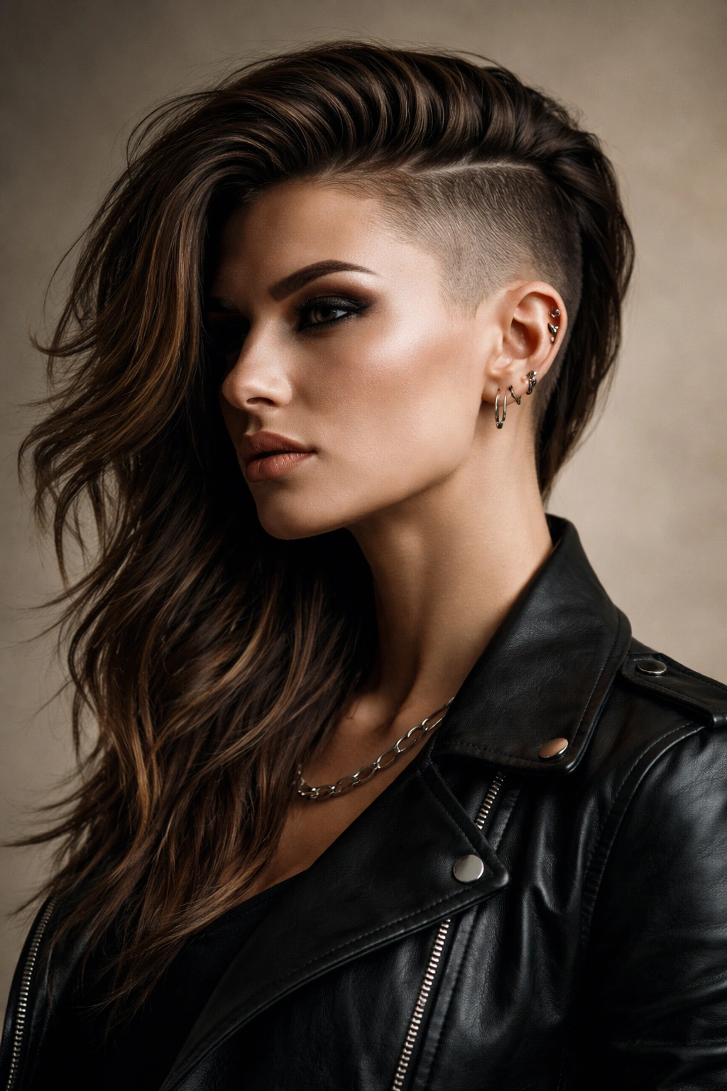Confident portrait of a woman with shaved side hairstyle
