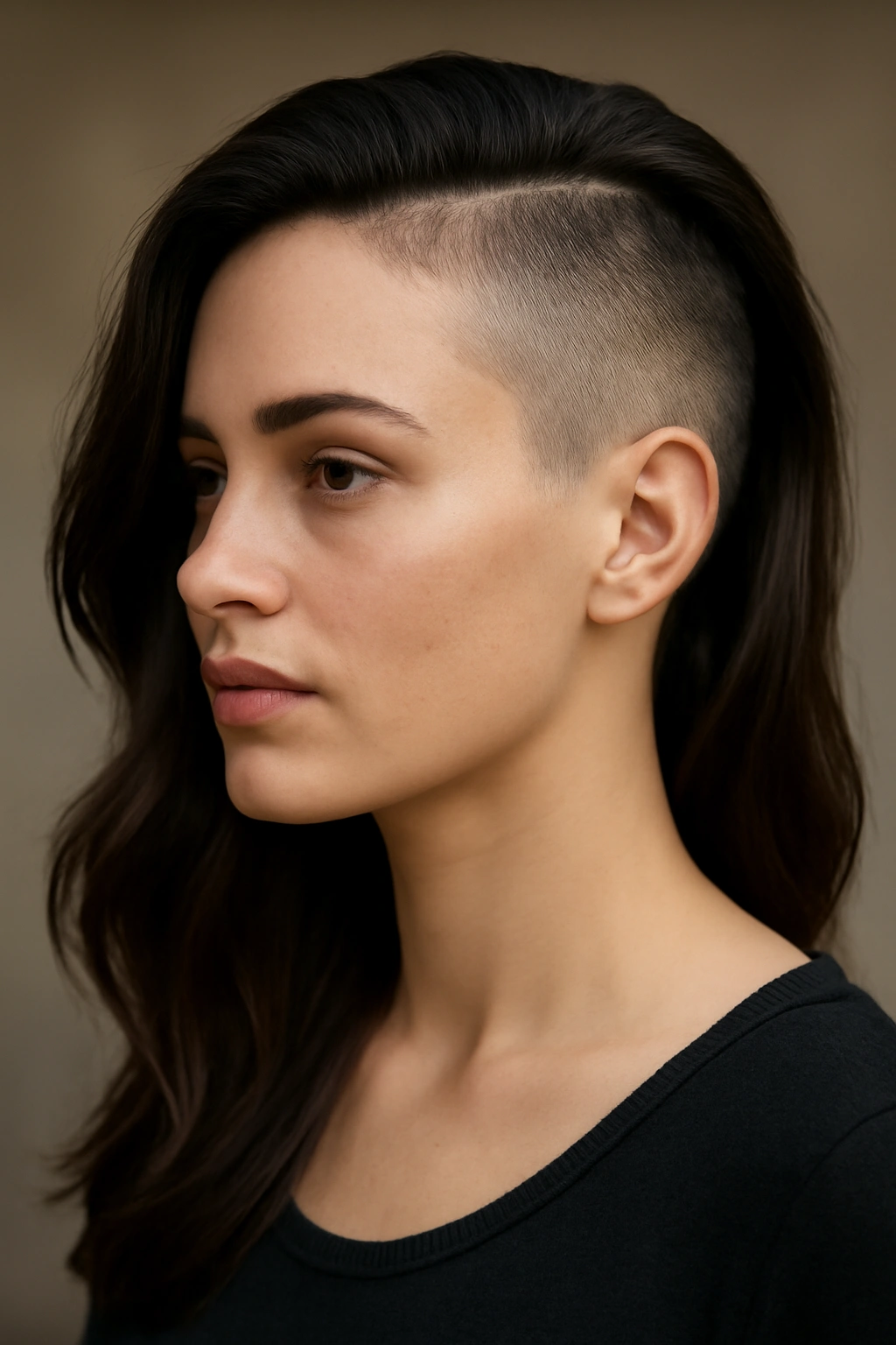 10 Undercut Styles From Subtle To Bold For Women 2 Portrait of a woman with a shaved side part and long swept side