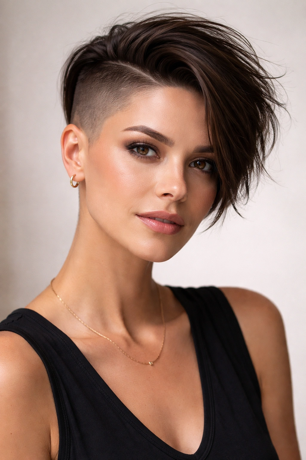 Close-up portrait showing shaved side pixie with longer top swept over