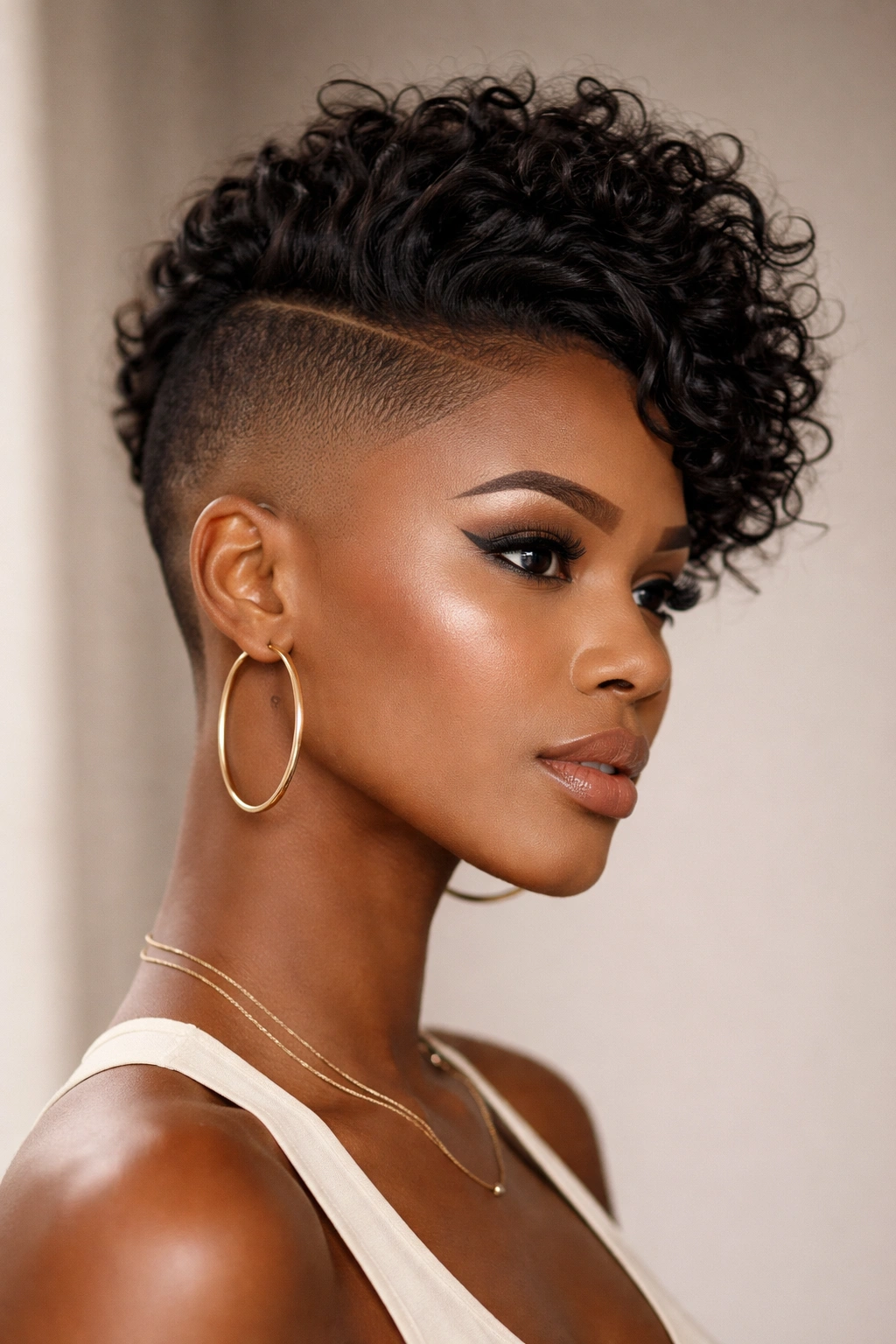 Profile view showing a single shaved side with textured hair on top