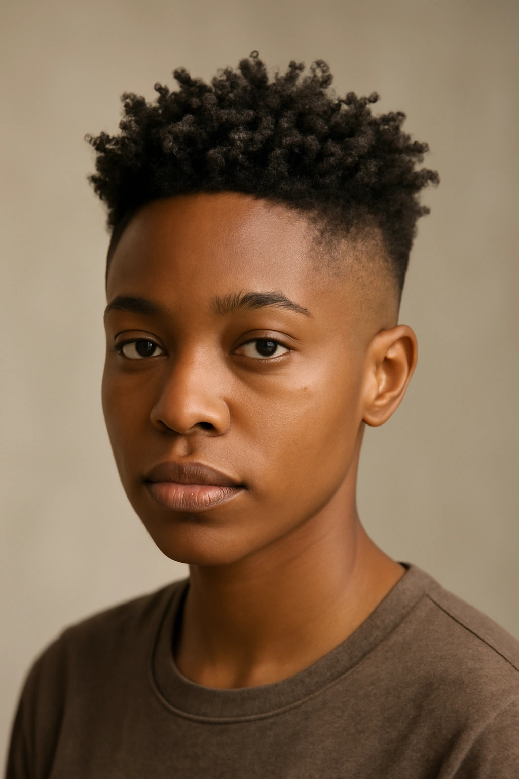 12 Short 4C Hairstyles That Look Effortlessly Good 9 Frontal view of 4C hair with shaved sides and back and a textured top.