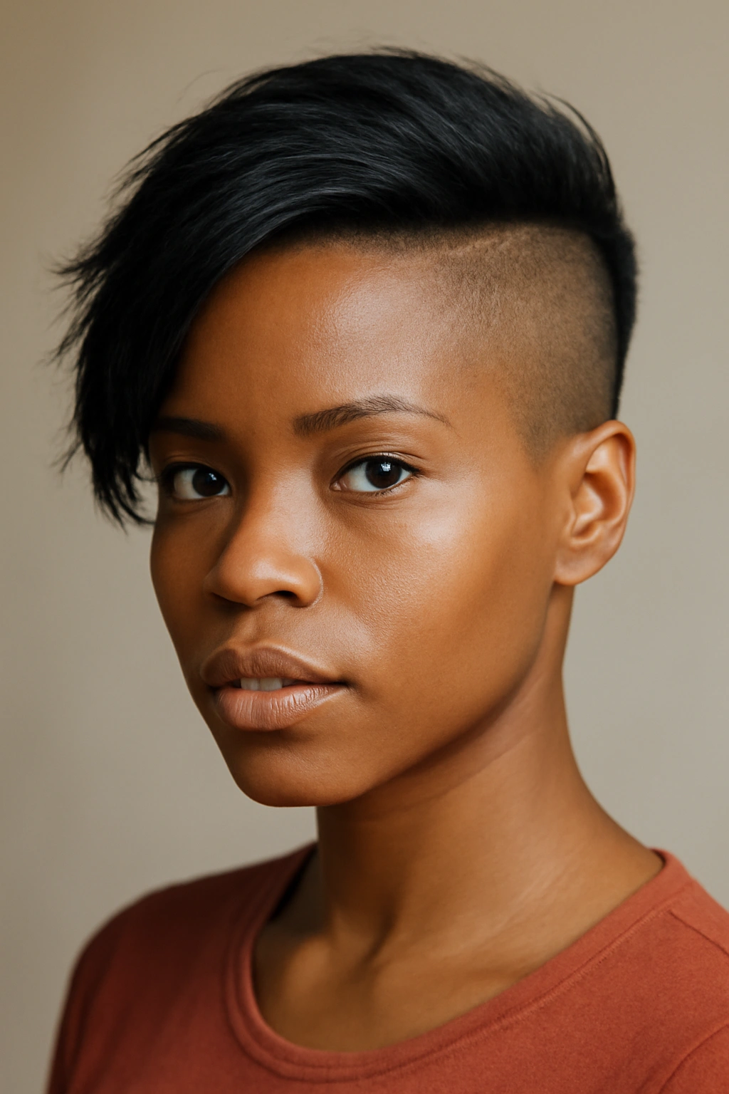 10 Short Haircuts for Black Women With Fine Hair 7 Close-up portrait of a Black woman with shaved sides and a longer crown, highlighting contrast.
