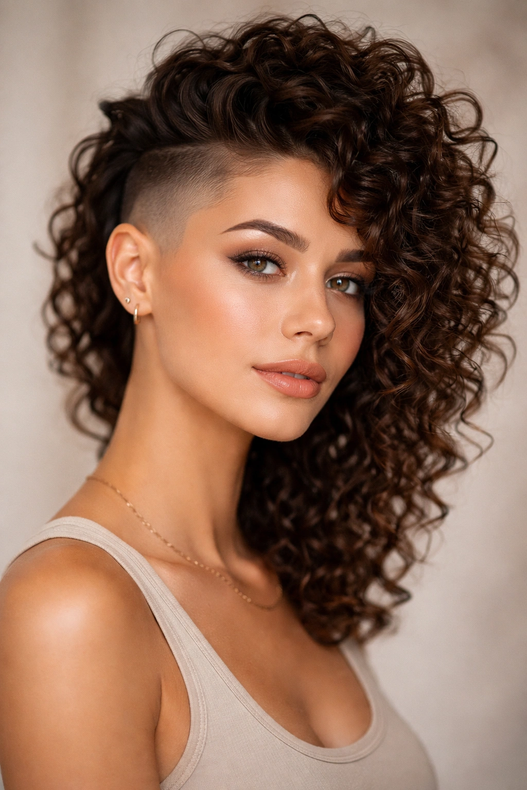 Close-up portrait of shaved sides with a long curly top showing defined curls