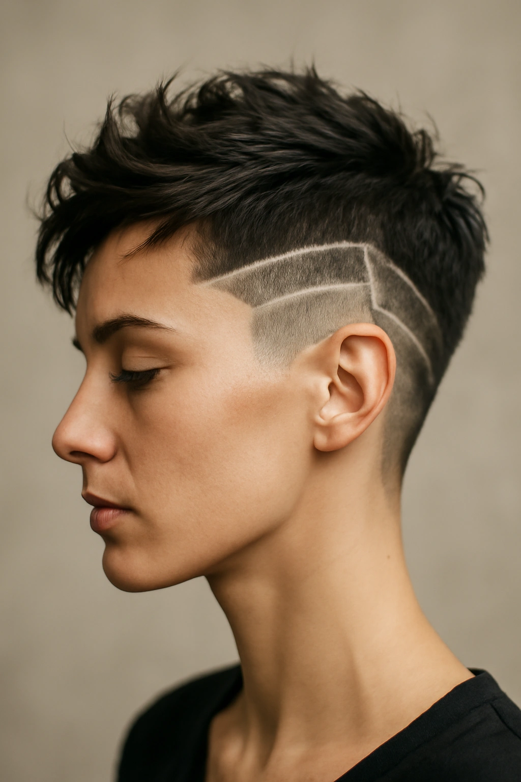 12 Edgy Short Haircuts for Women Who Love Bold Hair 9 Close-up of The Shaved Sides Design hairstyle showing geometric lines on shaved sides