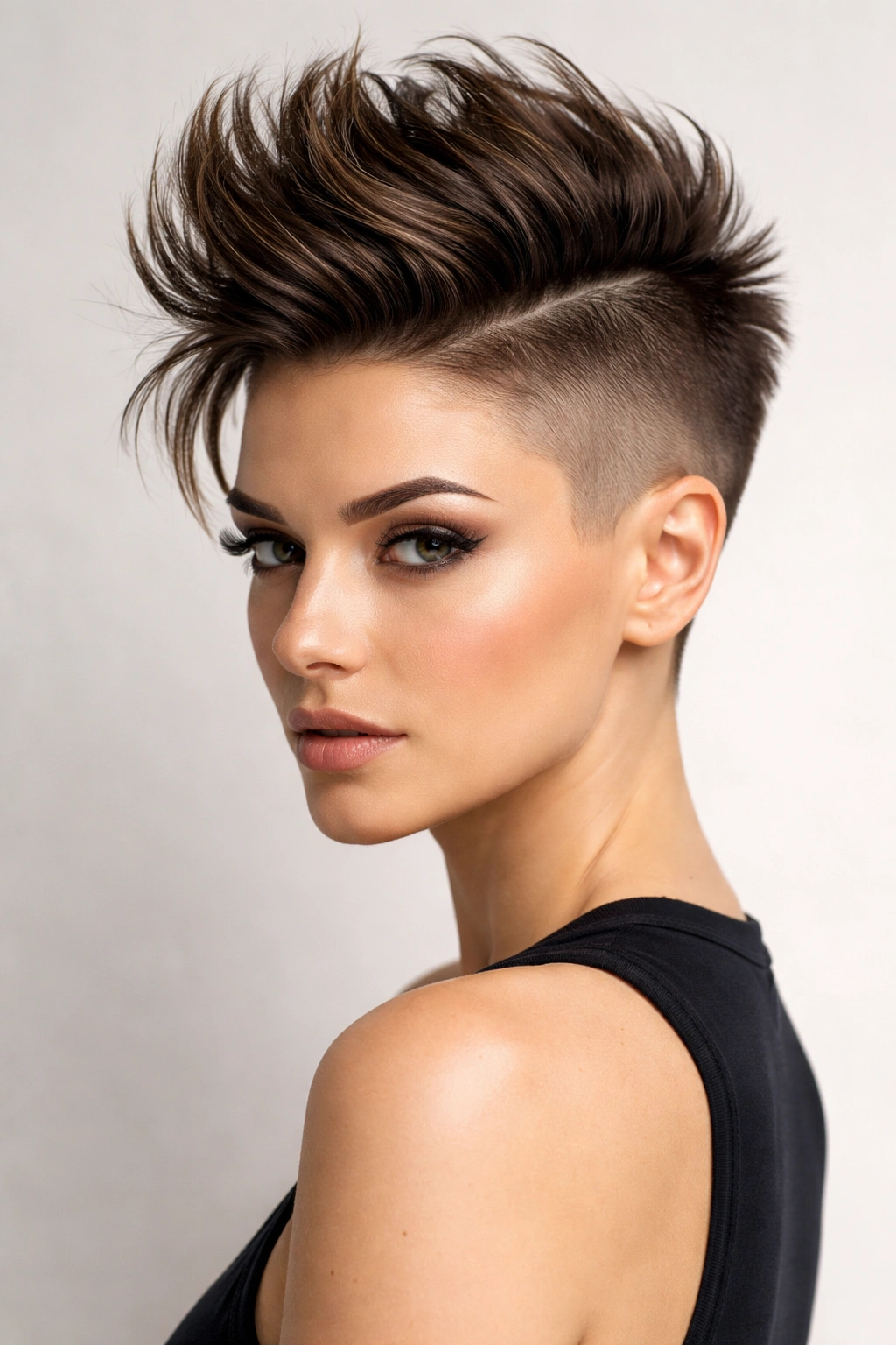 Head-and-shoulders portrait with shaved sides and a voluminous top faux-hawk