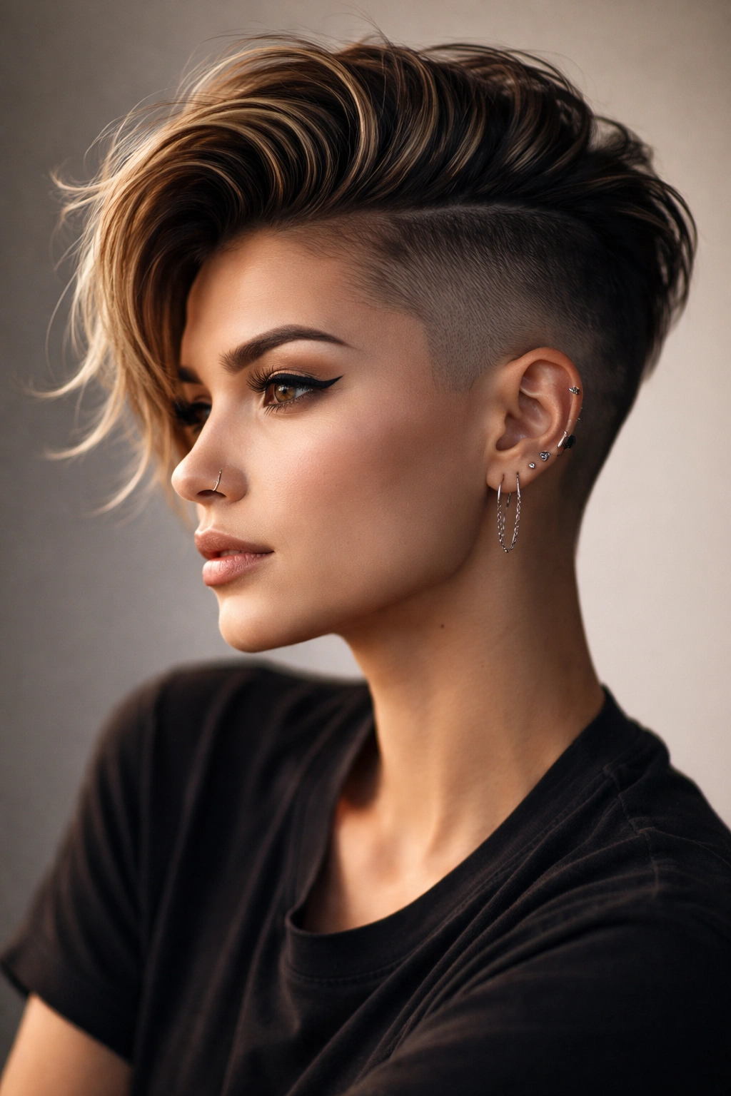 12 Statement Hairstyles With Shaved Sides 13 Close-up portrait of a person with bold shaved sides undercut in a minimal studio setting