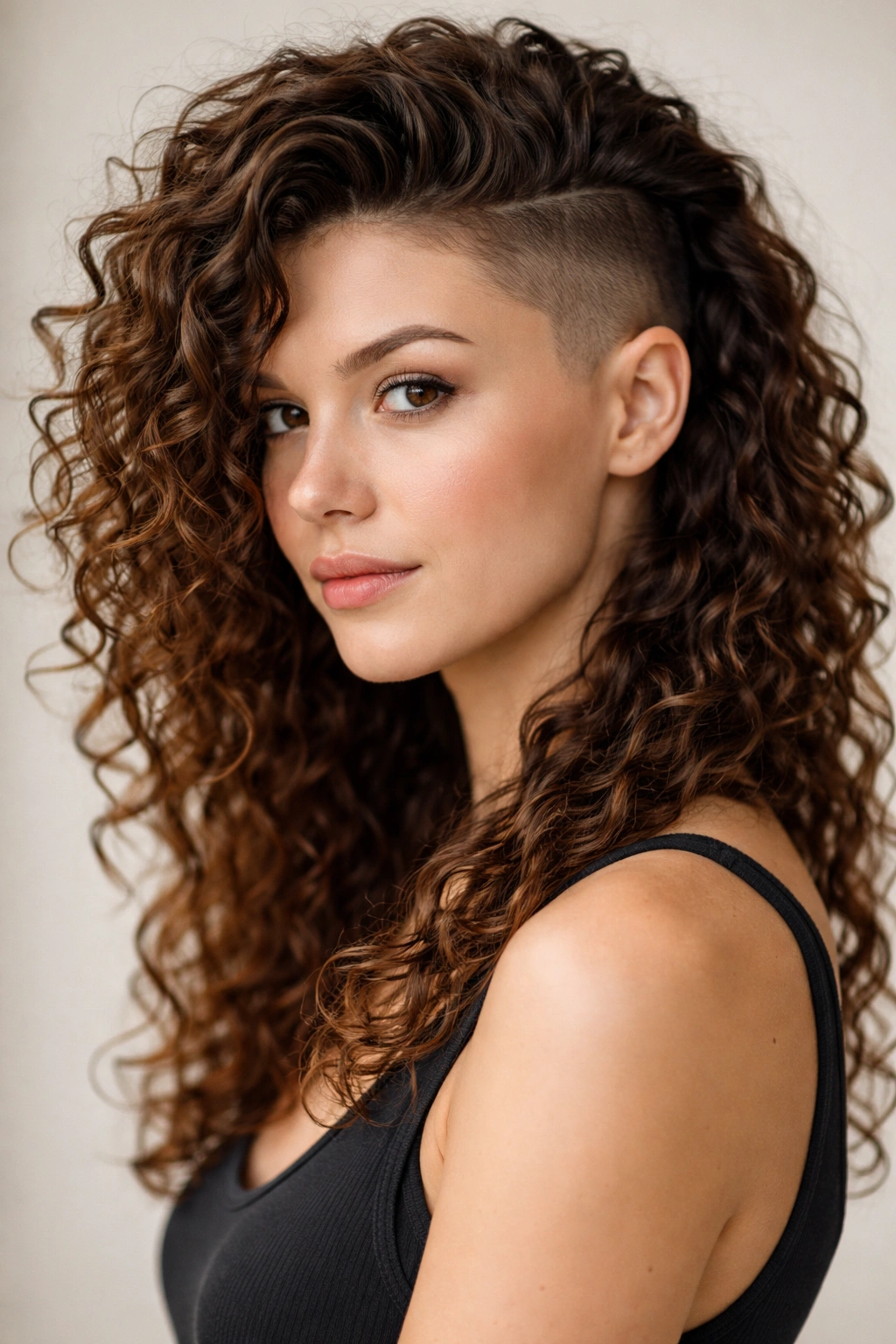 12 Statement Hairstyles With Shaved Sides 9 Portrait of Shaved Sides with Long Curly Top highlighting long curls atop shaved sides
