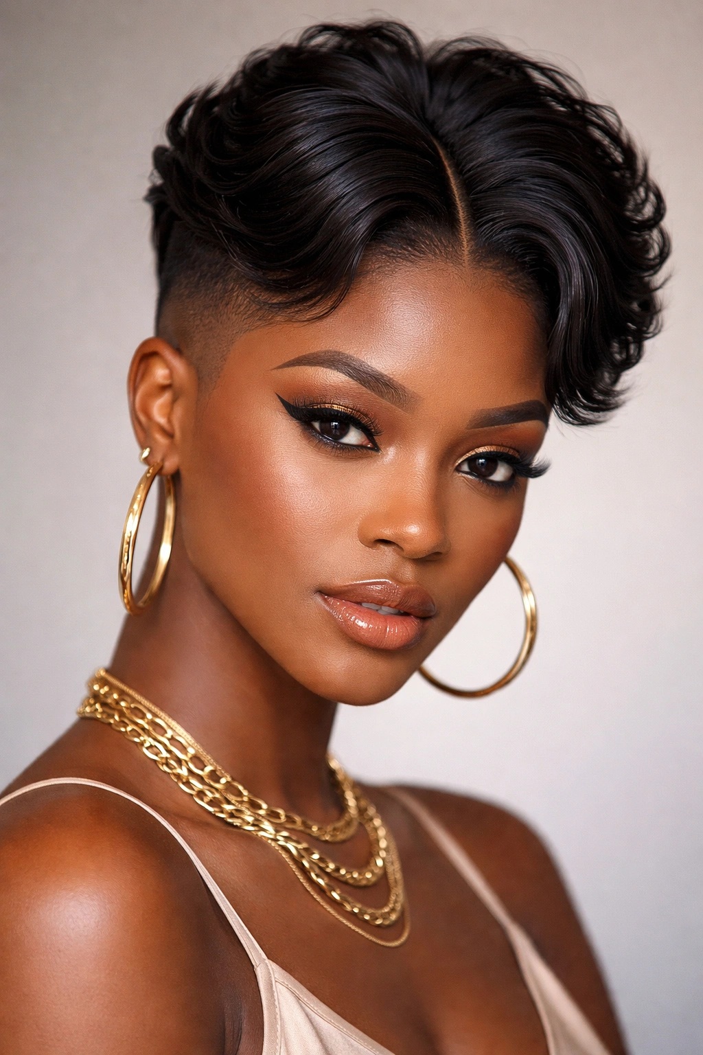 Close-up of a Black woman with shaved sides and a voluminous middle part, studio lighting