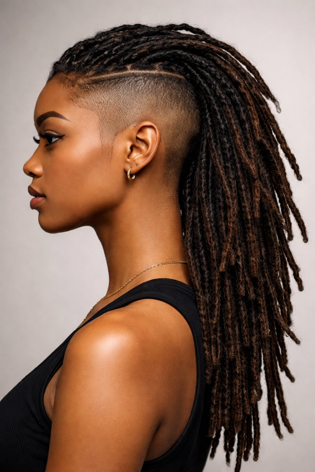 Shaved-sides mullet locs profile view with long back locs