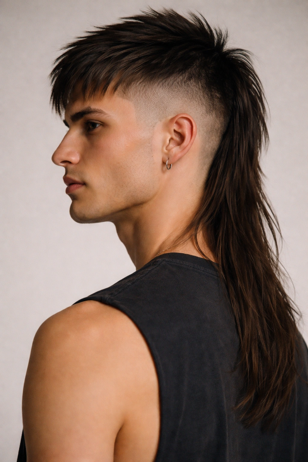 12 Straight Hair Mullet Cuts That Actually Work 3 Portrait of shaved-sides mullet with pronounced crown and long back