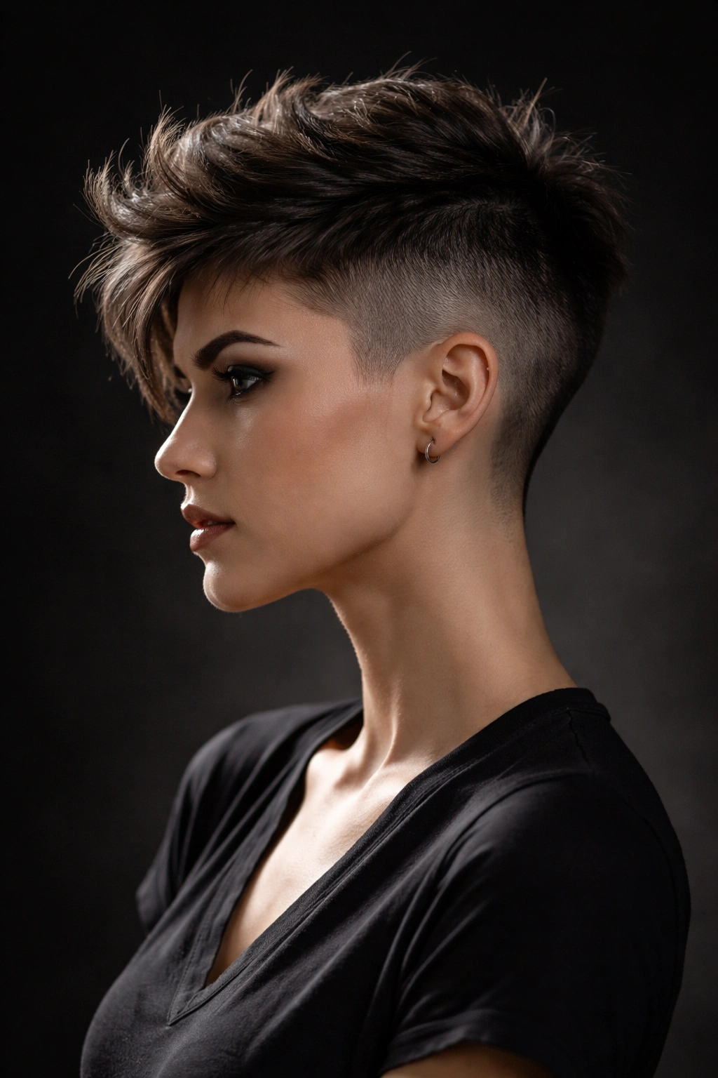 Profile view of a model with shaved sides pixie and a longer textured top