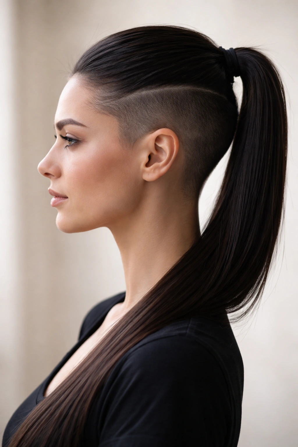 10 Shaved Side Hairstyles Women Are Rocking Now 9 Profile of a person with shaved sides and a sleek pulled-back ponytail revealing the undercut
