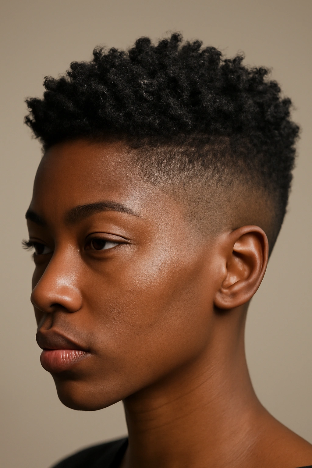 12 Short Haircuts Every African Woman Should Try 7 Close-up of shaved sides with textured top on a Black woman's hair