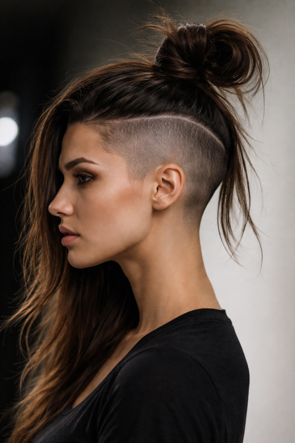 Person with shaved sides and a high top knot