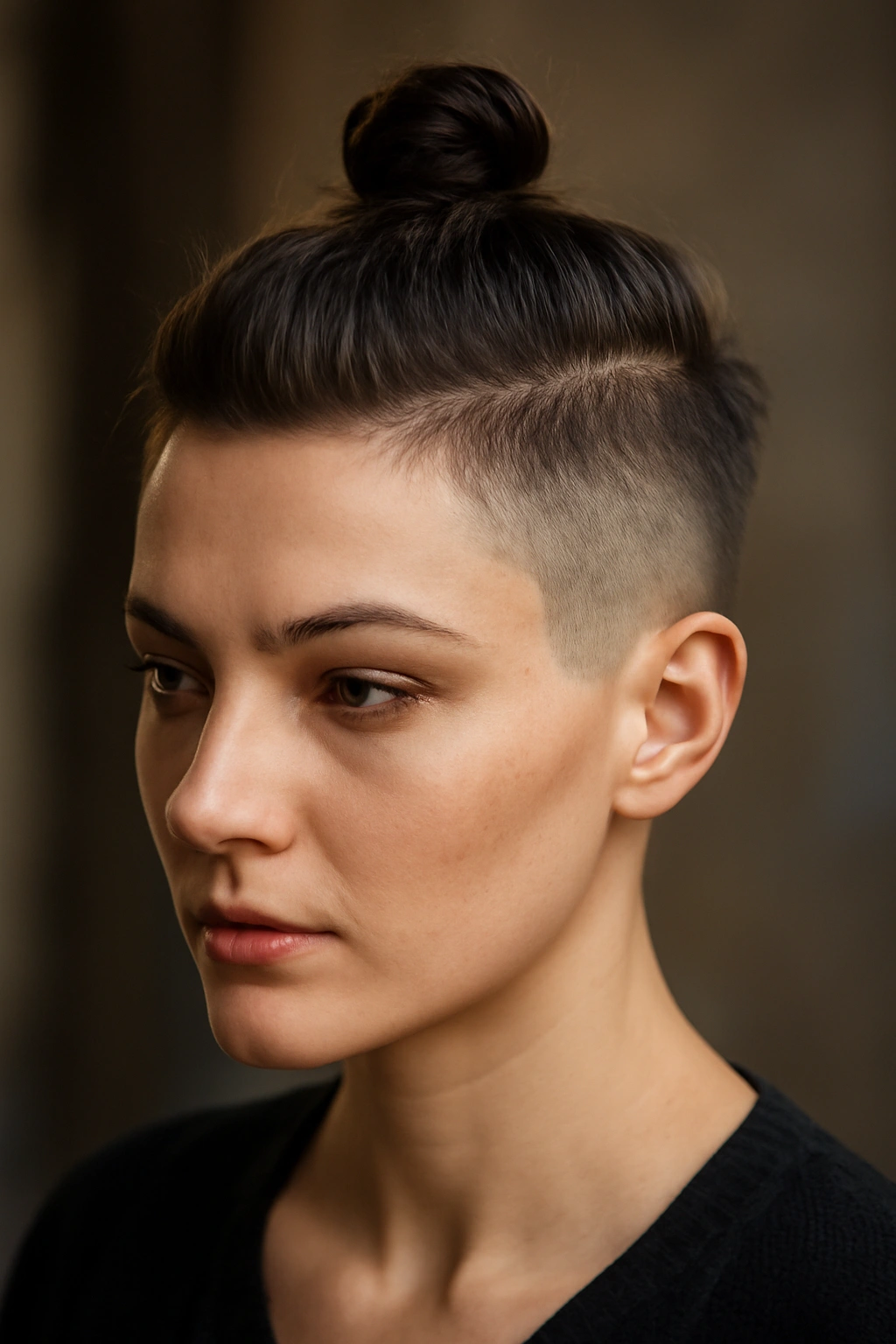 10 Birthday-Ready Hairstyles for Women With Short Hair 8 Close-up of shaved sides with a top knot on short hair
