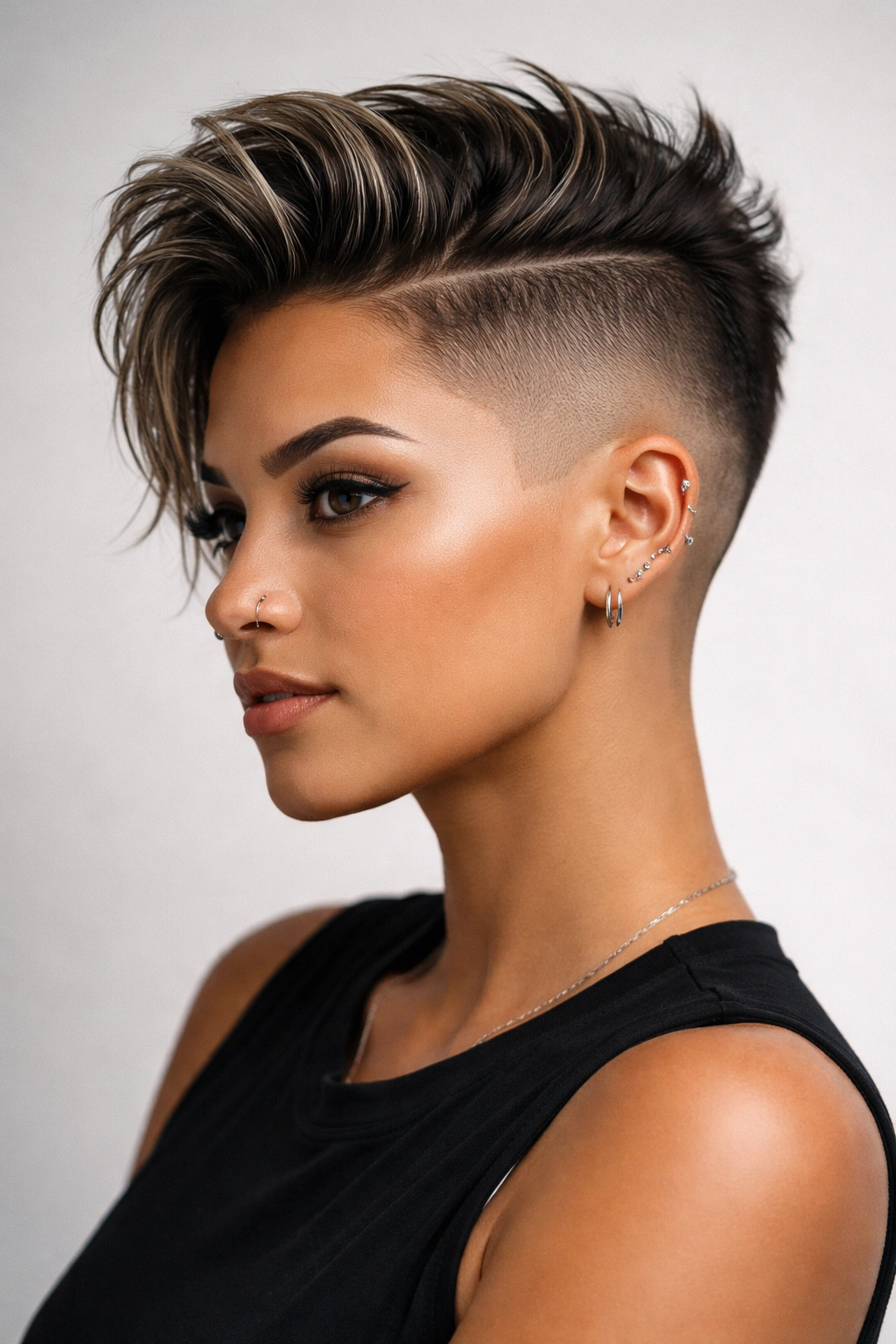 Close-up portrait of a person with shaved sides undercut highlighting the sharp fade and textured top