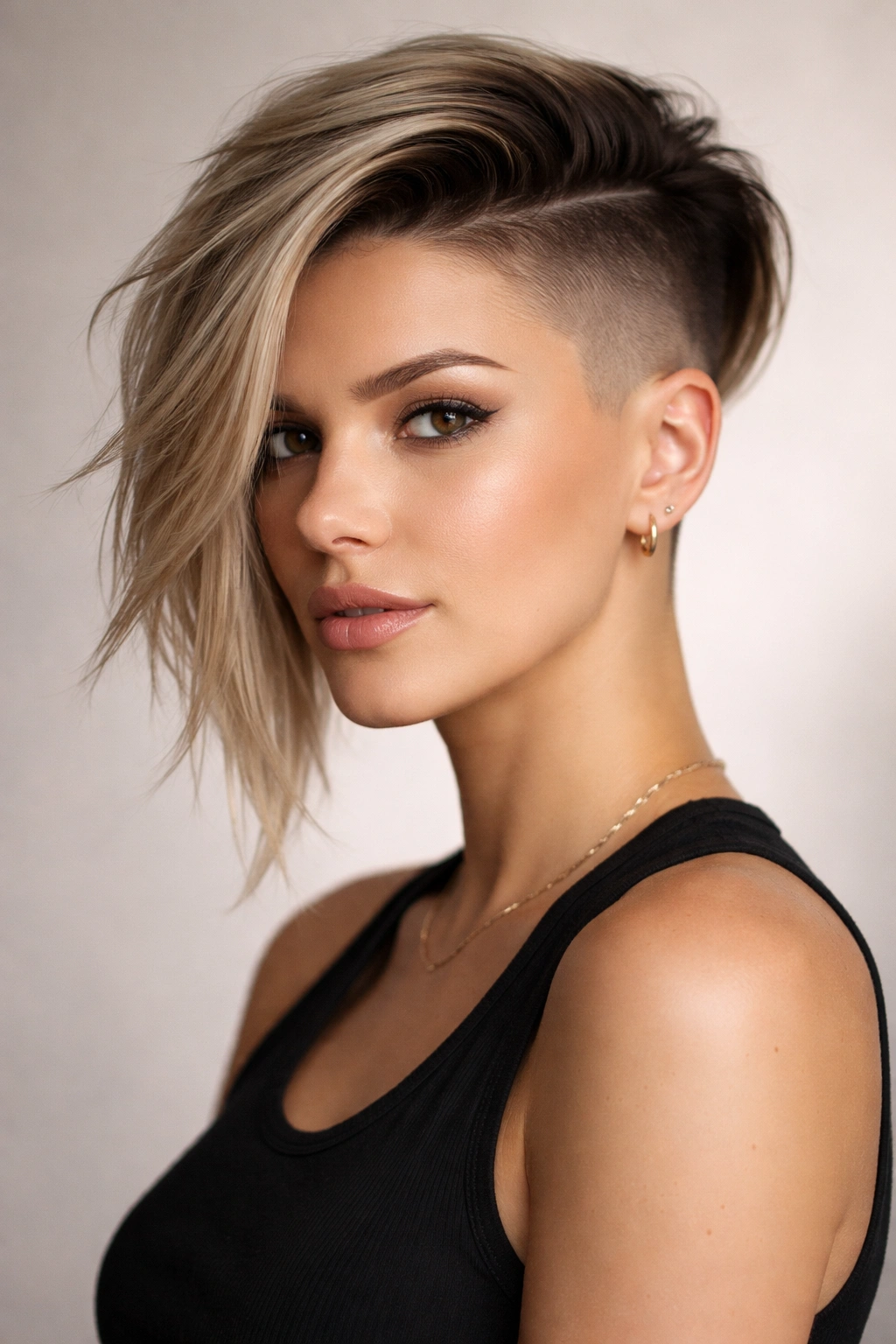 Shaved undercut with longer front pieces framing the face