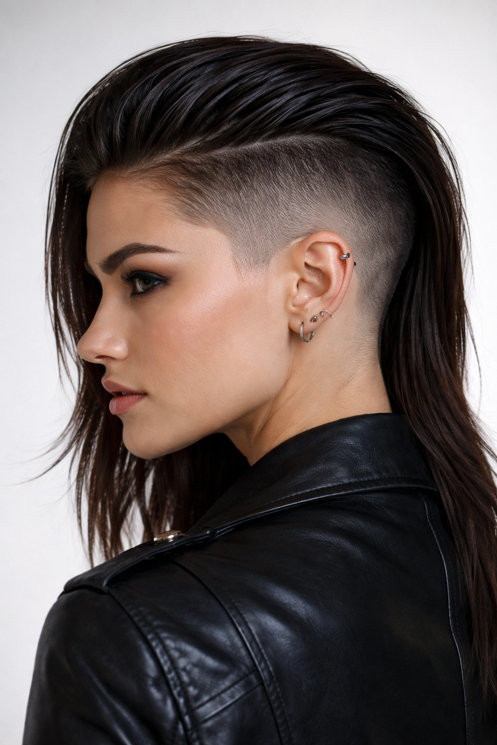 10 One Side Shaved Hairstyles For Bold Women 5 Sleek pulled-back hairstyle with shaved undercut visible from a three-quarter rear view