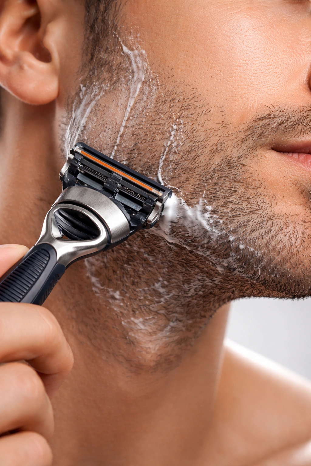 Close-up of a jawline with stubble and a razor gliding over skin