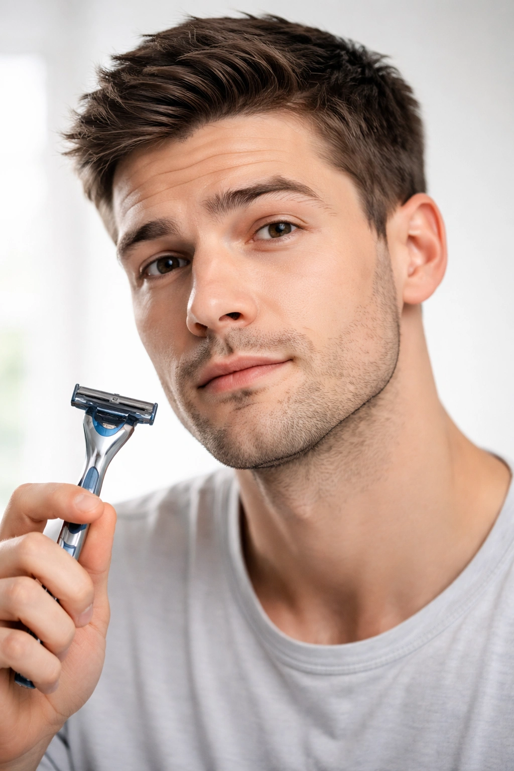 Portrait of a person with neutral expression illustrating shaving myths debunked