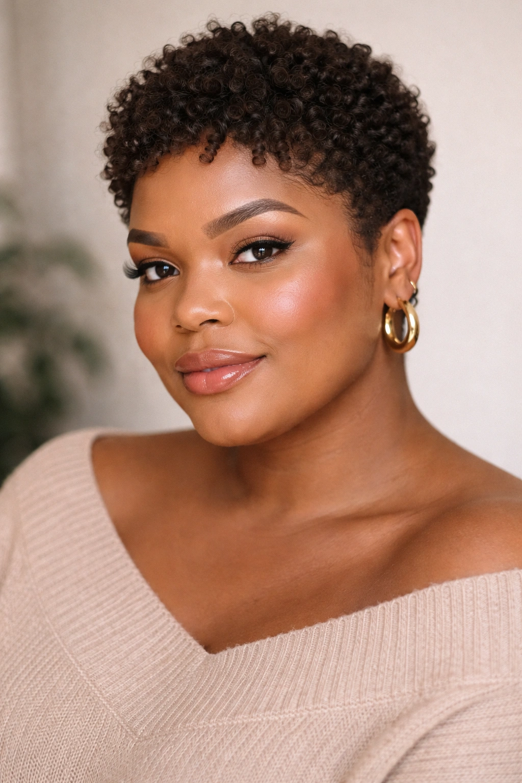 Portrait of a woman with densely textured shearling-cut hair on curly hair