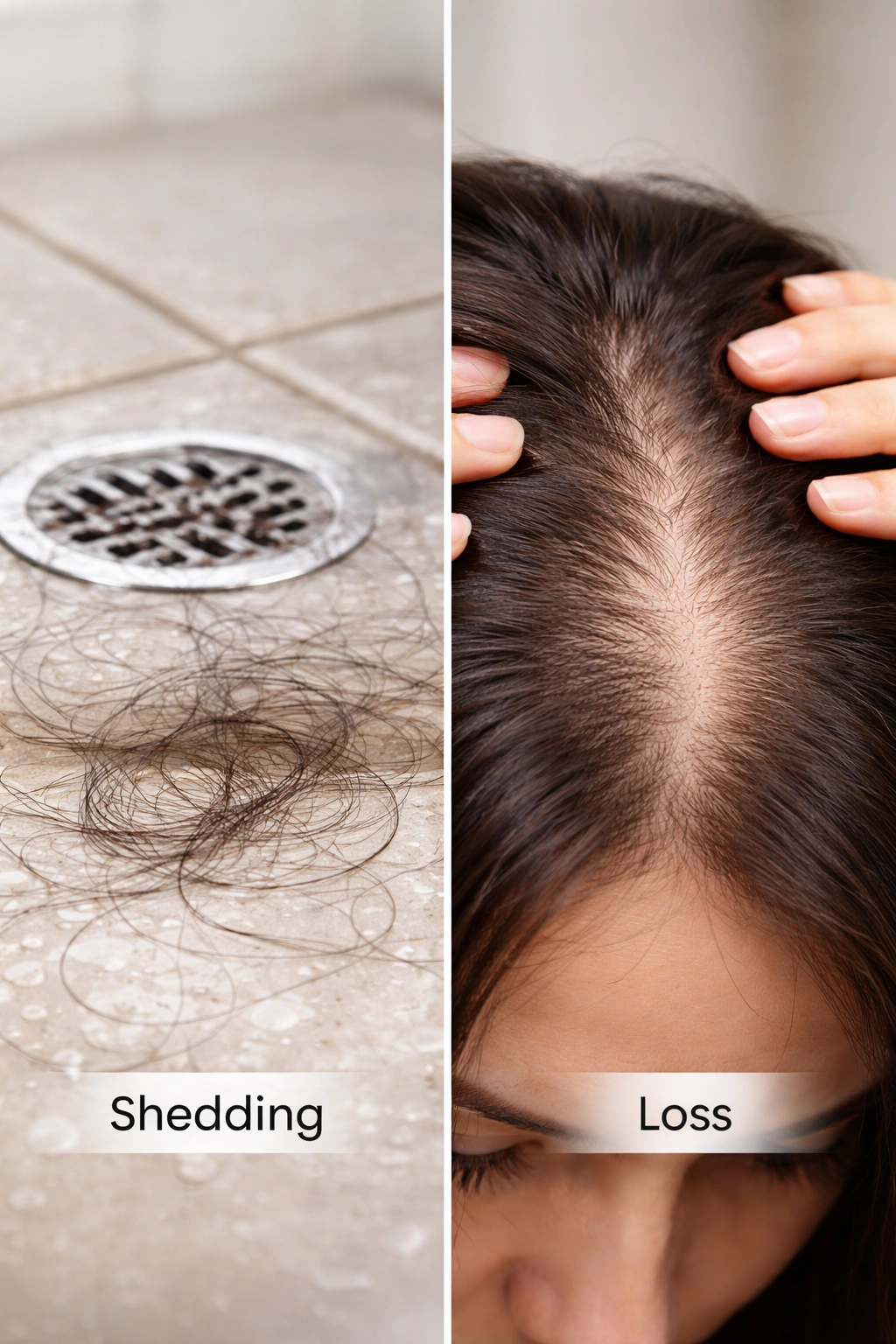 Split-frame image showing loose hairs and thinning scalp