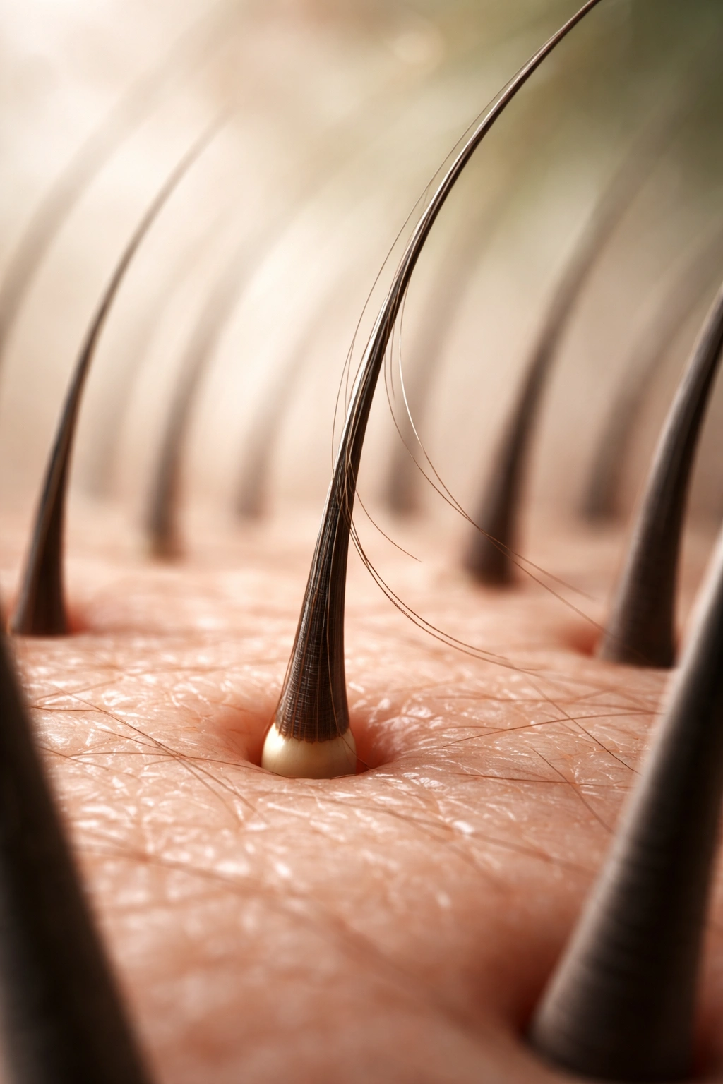 Hair strand detaching from follicle showing shedding process