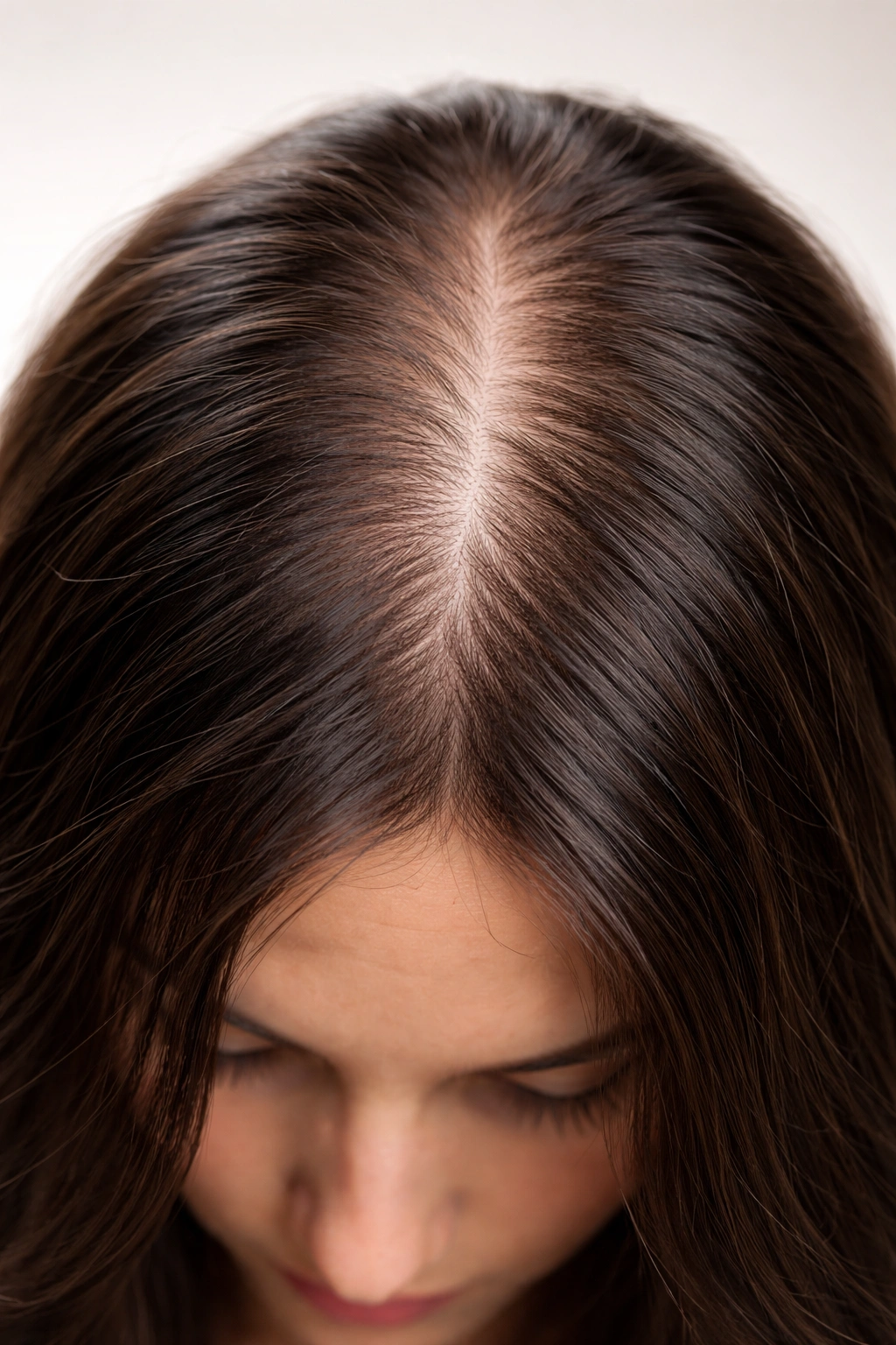 Thinning crown and wider part indicating early hair loss signs
