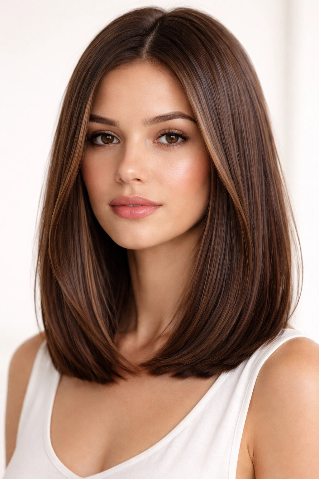 Close-up of a shiny, healthy-looking lob with minimal layers and high gloss