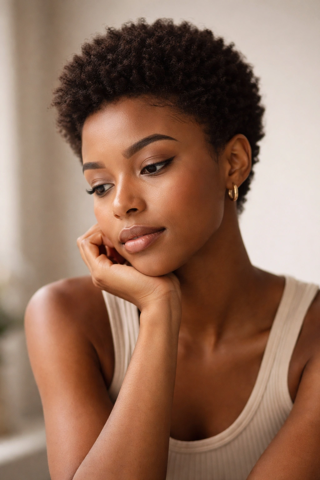 Portrait of a person with a short afro in a neutral studio setting