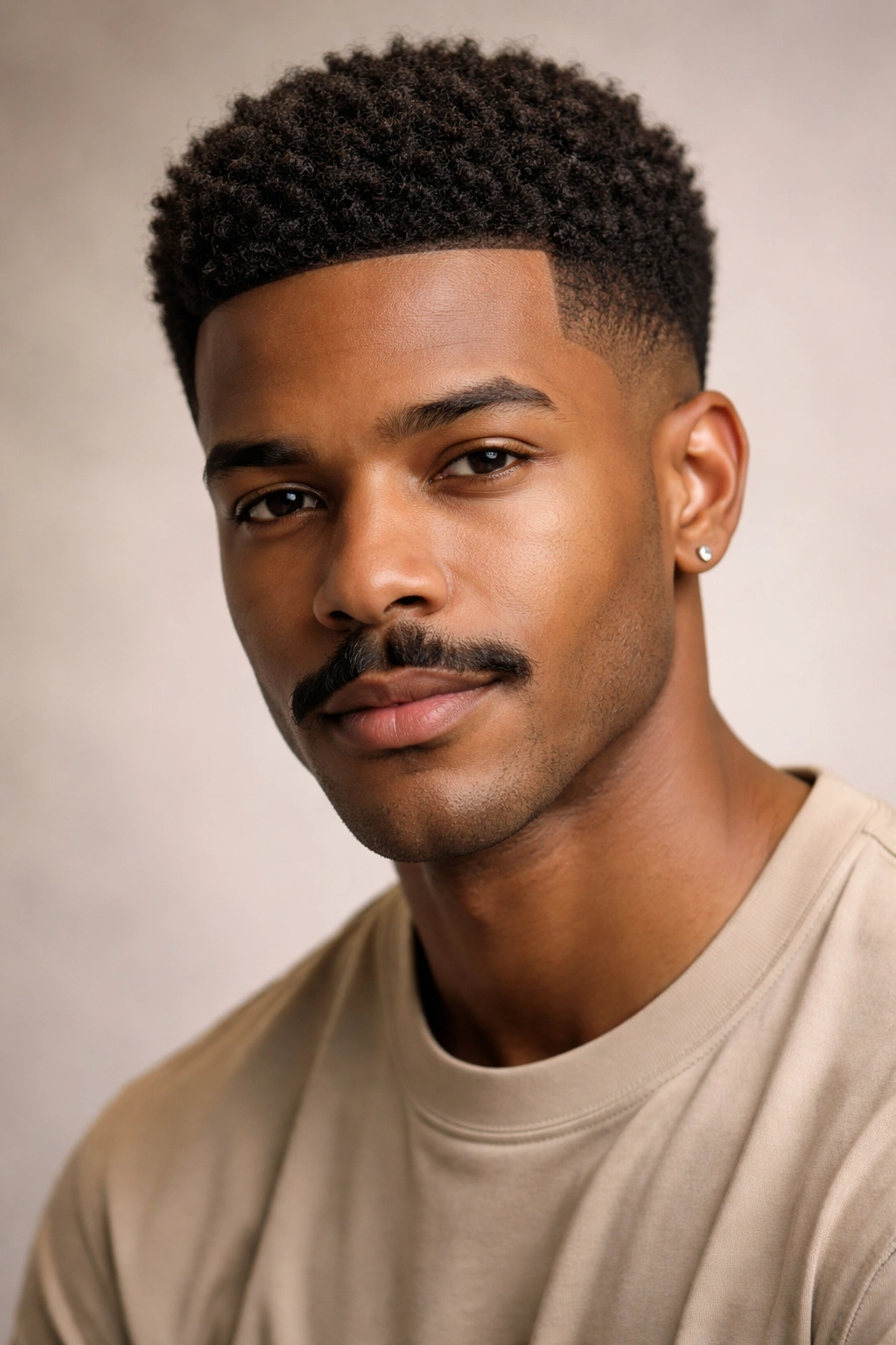 Close-up portrait of a man with a short afro and neatly trimmed mustache highlighting texture
