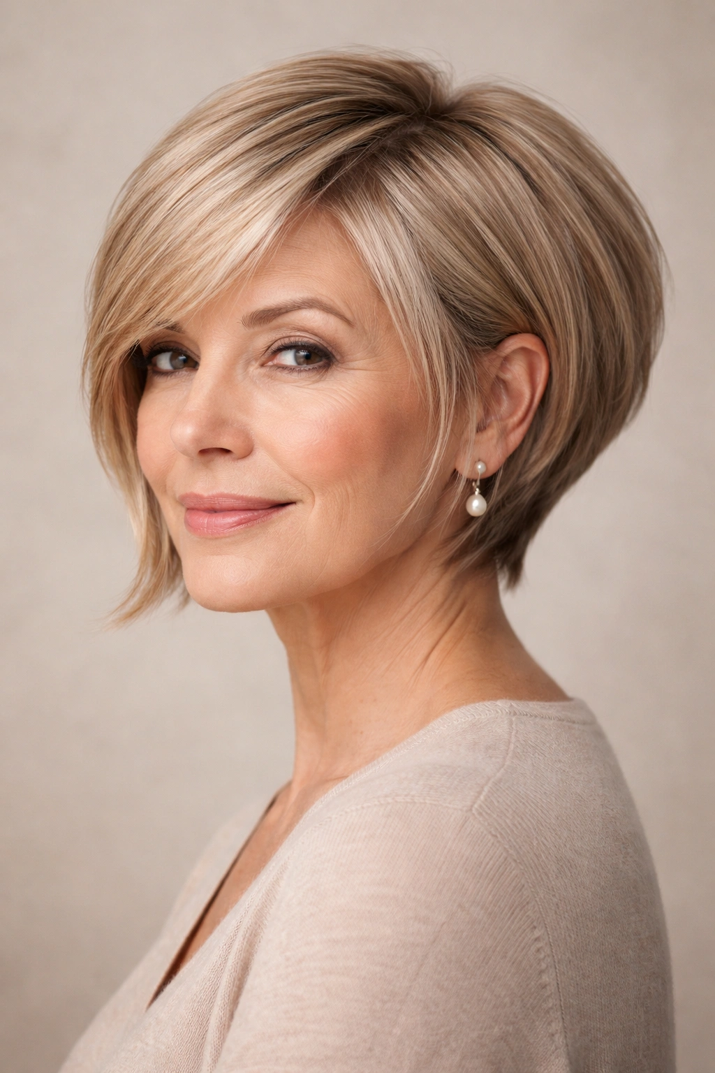 Older woman with short angled bob showing depth and lift